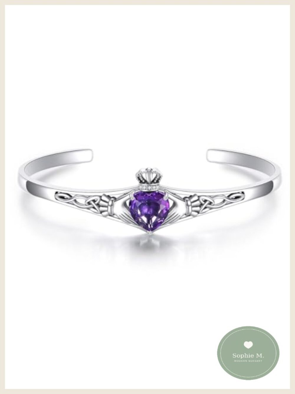 Sterling Silver Claddagh Cuff Bracelet Amethyst Birthstone Adjustable Women